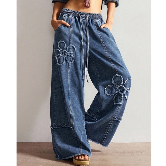 Boho Dark Wash Floral Patchwork Stretchy Waist Wide Leg Denim Jean Pants - Picture 3 of 7